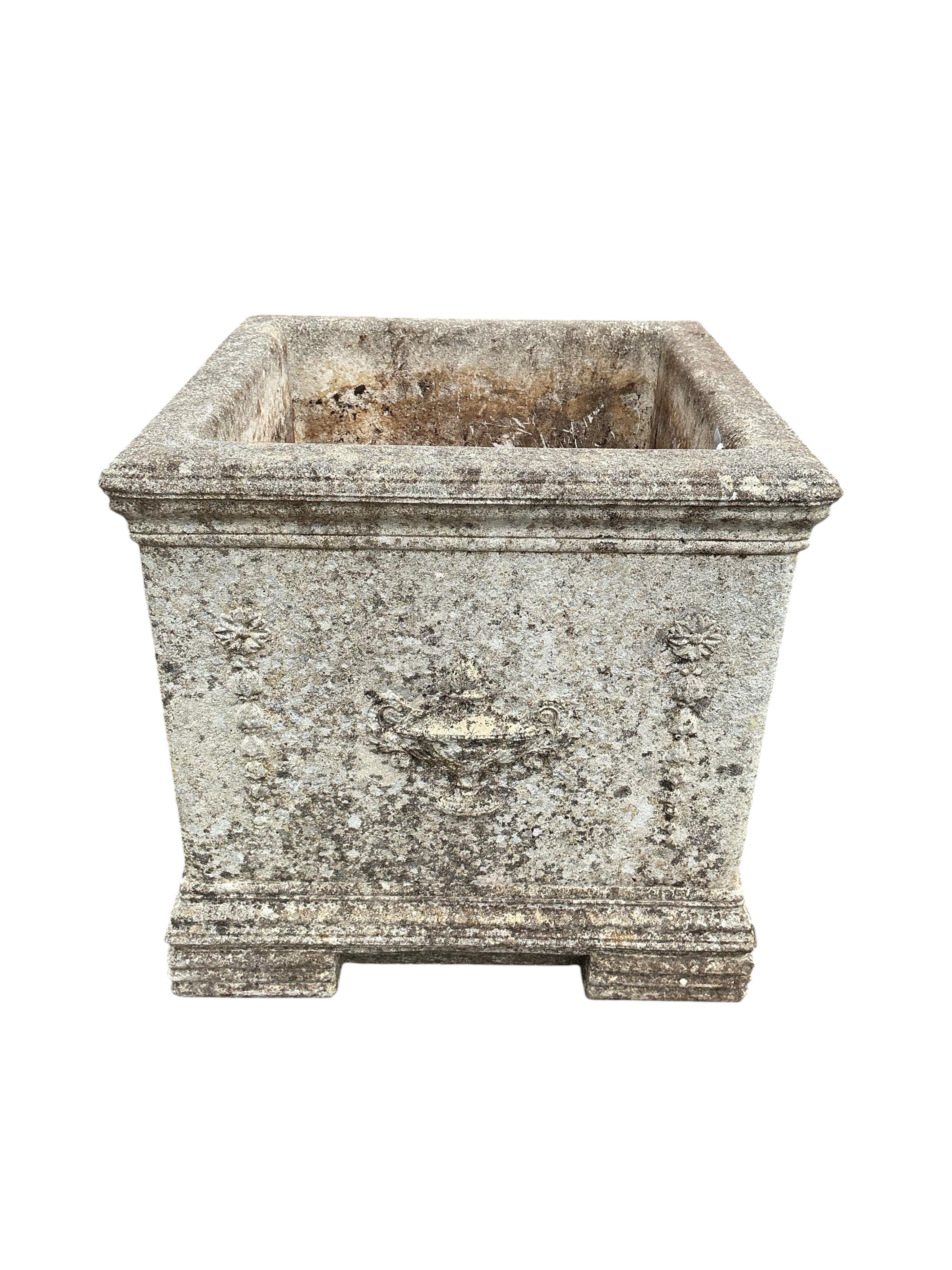 A pair of square reconstituted stone garden planters, 39cm, height 40cm